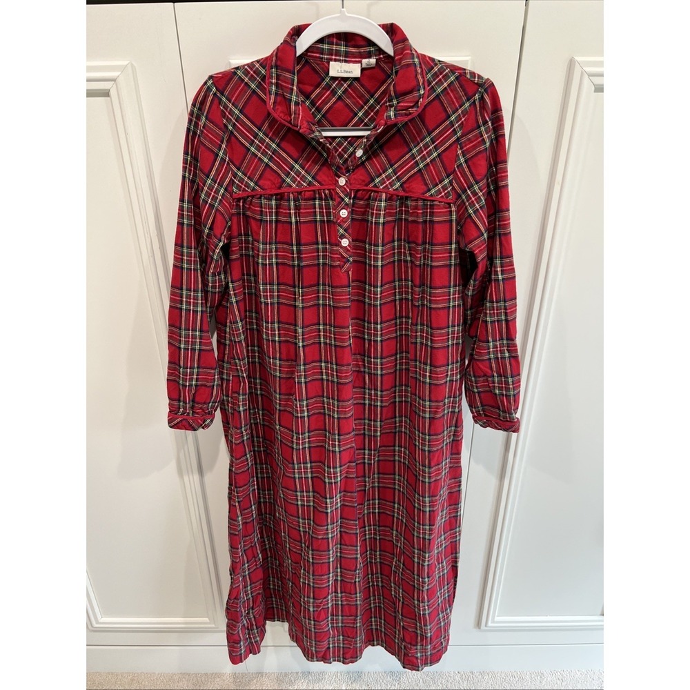 LL Bean Red Plaid Flannel Nightgown Holiday Prairie Granny Cottagecore Cabincore